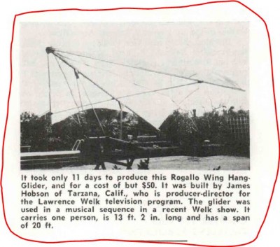 Hang glider : Rogallo Wing Glider ; Manufacturer : James Hobson